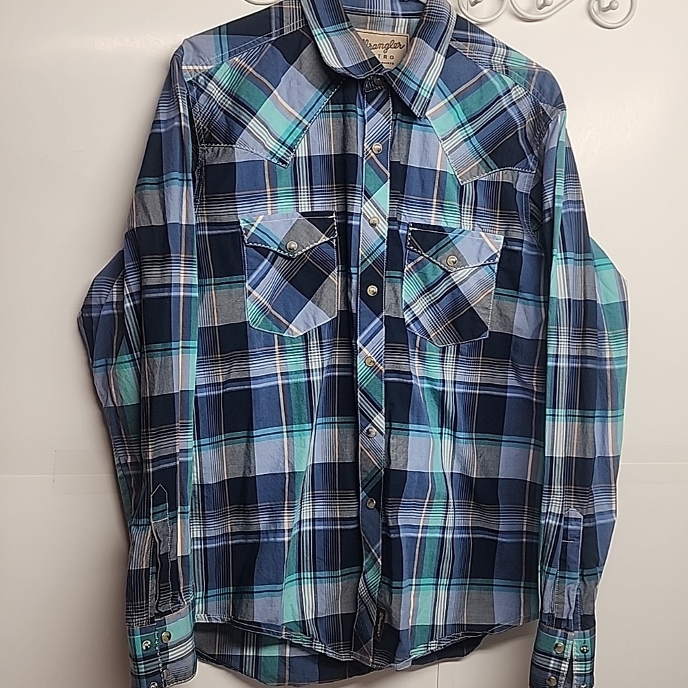 Wrangler Retro Vintage Equestrian Western Snap Button-Down Blue Plaid Shirt Sz L